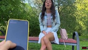 With a Vibrator Inserted In Her Pussy, Slim Brunette Katty West Cums Several Times Right In the Park